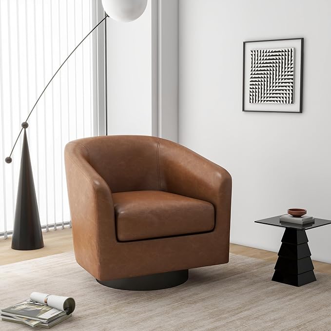 Swivel Barrel Accent Chair, Modern Round Faux Leather Arm Chair for Living Room, Bedroom, Comfy Club Reading Chairs for Adults, Faux Leather Brown, Set of 2