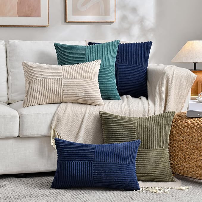 Fancy Homi 2 Packs Tan Lumbar Decorative Throw Pillow Covers 14x24 Inch for Living Room Couch Bed Sofa, Boho Home Decor, Soft Striped Corduroy Rectangle Accent Beige Cushion Case 35x60 cm