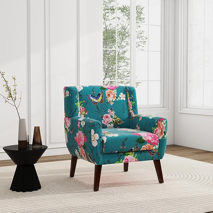 UIXE Floral Accent Chair, Modern Upholstered Armchair in Fabric for Living Room, Comfy Club Arm Chairs Single Sofa Button Tufted Bedroom Reading Seat - Pattern Blue, Set of 2
