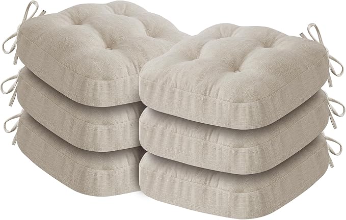 Chair Cushions, Foam Dining Chair Cushions, Tufted Indoor Chair Pads, Set of 6, Beige, 16.5” x 16.5” x 3.5”