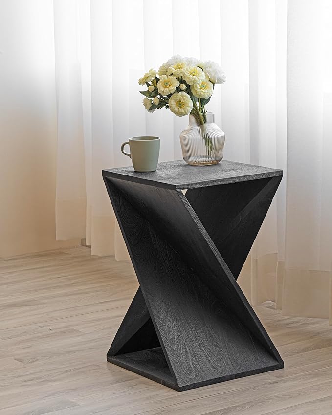 Modern Hand Made One-of-a-Kind Carved Mango Wood End Table, Farmhouse Side Table,Farmhouse End Table,Living Room,Bedroom, Accent Table, Contemporary Architectural Designed Black,Assembled
