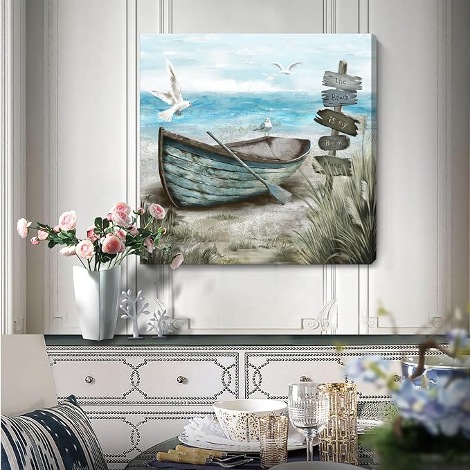Canvas Wall Art Beach Décor Wall Picture Rustic Coastal Sand Canvas Print Ocean Nautical Painting Seascape Sea Bird Vintage Ship Boat Artwork for Seaside Living Room Bedroom Bathroom Decor Blue Large
