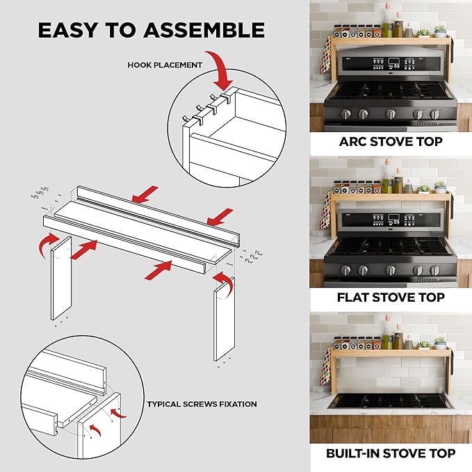 Edgecrest Bamboo Over The Stove or Sink Modern Spice Shelf, No Annoying Middle Screw, 31.5โ Wide Storage, 11.4โ High Countertop Shelf, 6 Side Hooks, Easy to Assemble, Eco-Friendly Durable Material