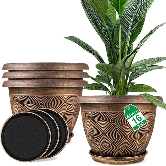 16 Inch Large Planter Pot for Plants Indoor Outdoor, 4 Pack Plastic Flower Pots with Drainage Hole & Tray, Modern Decorative Garden Pot with Saucer, Plant Container for House