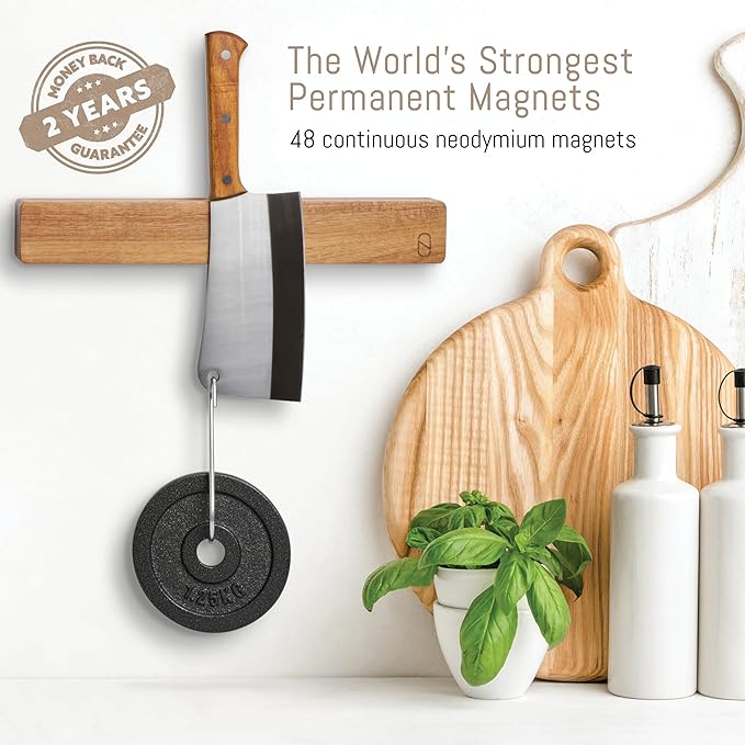 Premium 24 inch Magnetic Knife Holder for Wall with 2x Storage & Charming Wood - Knife Magnetic Strip, Under Cabinet Magnet Knives Storage - Magnet Strip Rack Kitchen Utensil Holder Organizer Tool