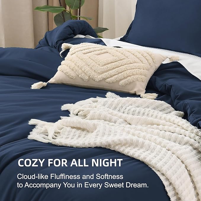 Litanika Navy Blue Comforter Full Size Set, 3 Pieces Lightweight Solid Bedding Comforter Set, All Season Fluffy Bed Set
