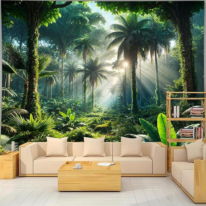 BSFHH Nature Tapestry Forest Tree Sea Cave Wall Hanging, Stream Through Rainforest Landscape Wall Art Tapestry for Bedroom Living room (Rainforest, 90"×70", Unframed)