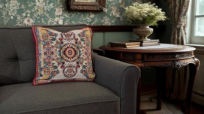 Tache Cushion Cover 18x18 Rococo Elegant Ornate Ivory Colorful Paisley Cotton Linen Tapestry Woven Decorative Throw Pillow Cover, 1 Piece