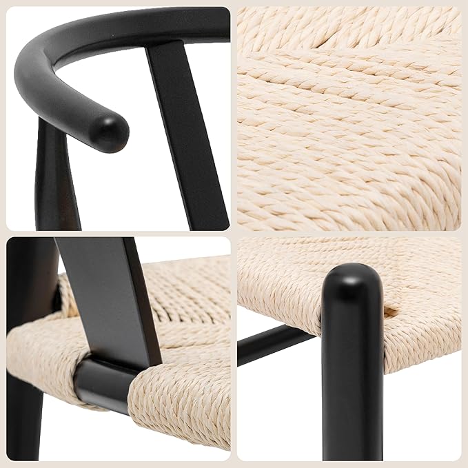 POLY & BARK Weave Dining Chairs – Mid-Century Modern Wishbone Dining Chairs with Arms, Solid Wood Frame, Indoor Use – Black – Set of 2 - Ideal for Dining Room, Kitchen or Stylish Accent Setting
