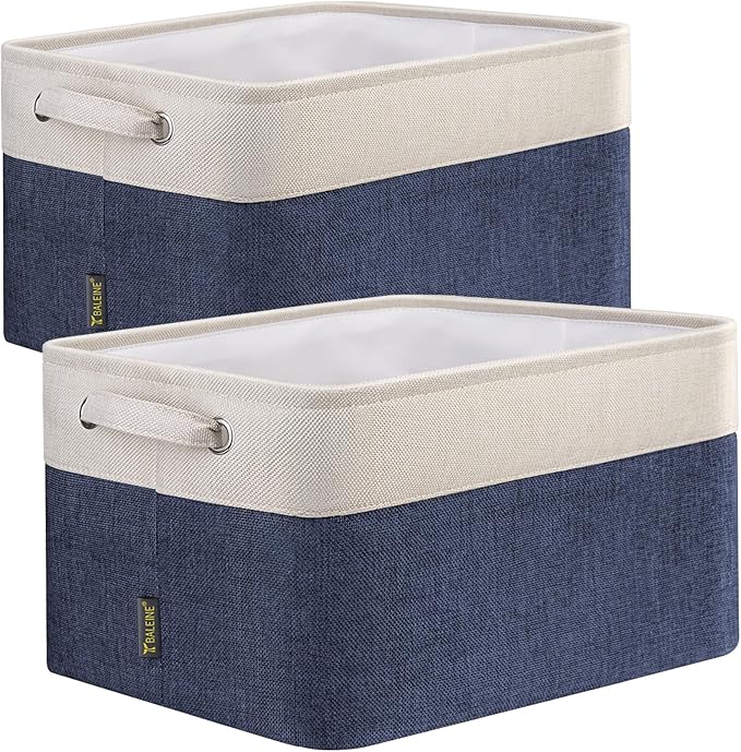 BALEINE 2 Pack Fabric Storage Bins for Shelves, Linen Storage Baskets for Organizing, Decorative Closet Bins for Clothes, Home (Navy Blue, 15"x11"x9.5") 