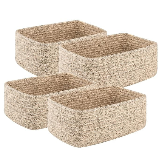 4 Pack Small Storage Shelf Baskets for Organizing, Mini Woven Rope Storage Bins for Towels, Cute Decorative Closet Organizer,Baby Nursery, Gift Empty Baskets -13''Lx8.66''Wx5.11''H-Brown