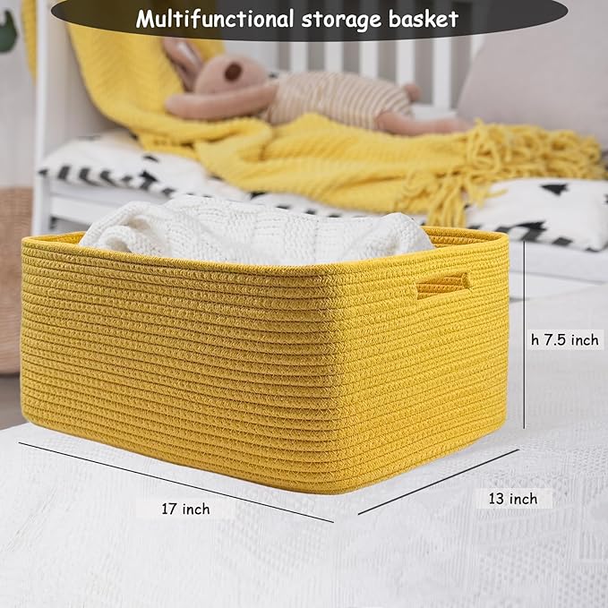 COMFY-HOMI Cotton Rope Woven Basket with Handles for Shelves,Toys,Book, Cloth Storage Baskets for Organizing-17" x 13" x 7.5" Toy Decorative Organizer for Living Room, Bathroom (Yellow)