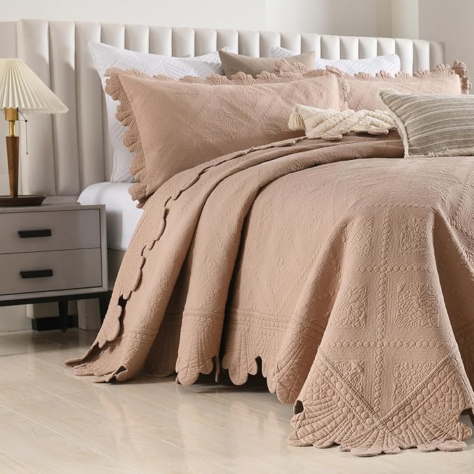 MarCielo 3-Piece 100% Cotton Oversized Bedspread Lightweight Quilt Coverlet Embroidery Farmhouse Bedding Set (TK Pale Taupe Camel, Oversized Queen (100"x106"))