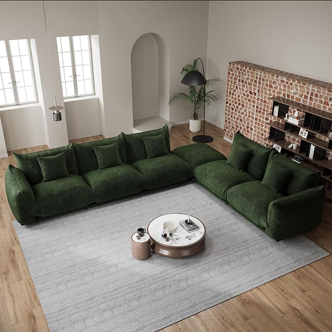 Modern Minimalist Chenille Modular Sectional Sofa, Oversized Deep-Seat U-Shaped Couch with Movable Ottoman, Thick Cushions, Upholstered Sofa for Living Room, Bedroom, Office, Apartment Green 1 Ottoman
