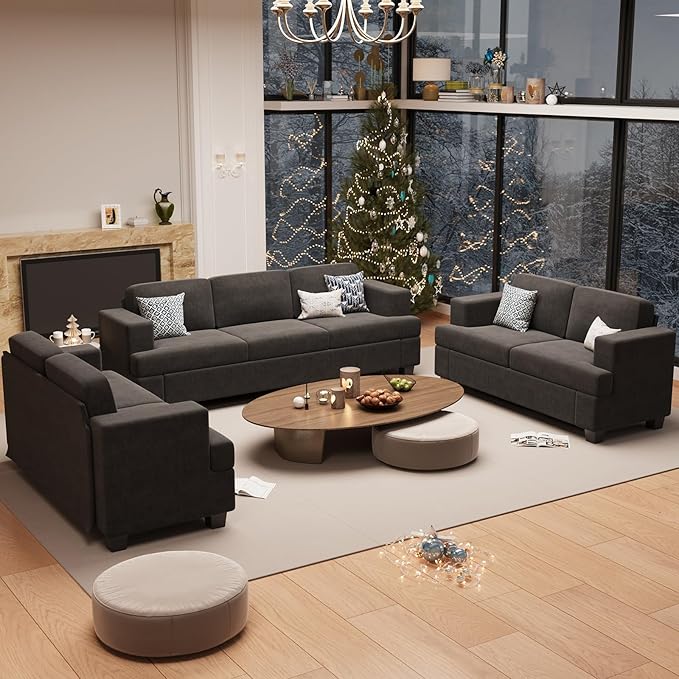 Sofa, 89" 3-Seater Deep Seat Sofa, Modern Comfy Couches for Living Room Apartment Lounge, Dark Grey Chenille
