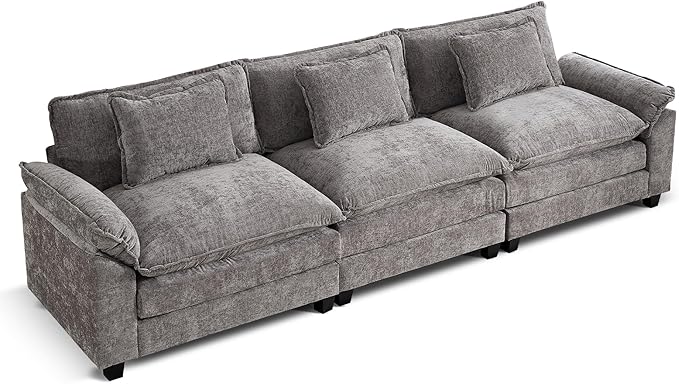 URRED Modular Sectional Sofa Comfy Cloud Couch, Modern Chenille Sofa Sleeper Deep Seat Couches with Ottoman/Pillows for Living Room (Gray, 117'')