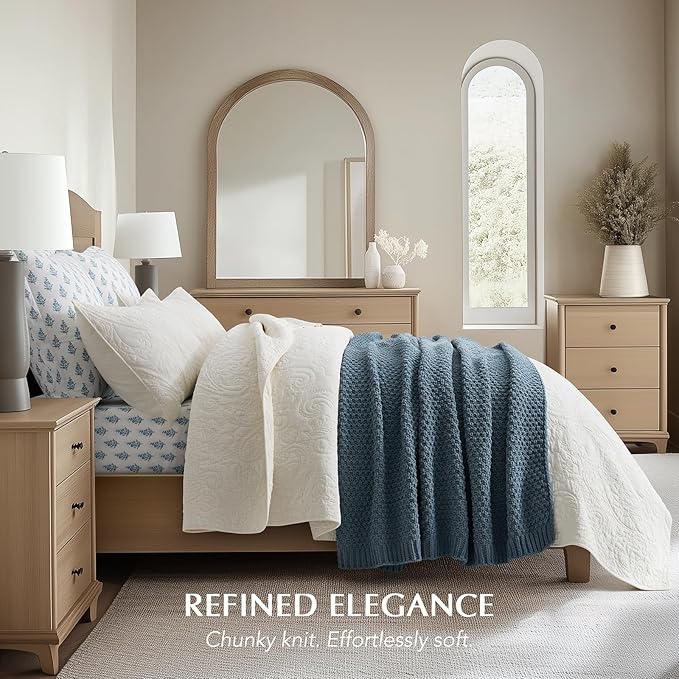 Chunky Chenille Knit Throw Blanket for Couch, Soft Luxurious Moss Stitch Blankets for Bed, Cozy Decorative Farmhouse Knitted Throws for Sofa, Stormy Blue, 50" x 60"