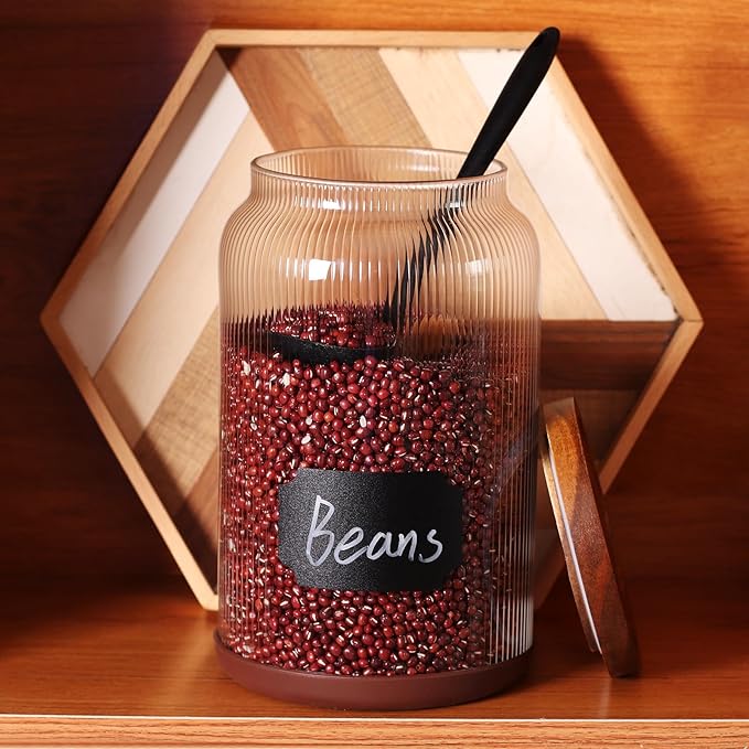 SAIOOL 2-Pack Striped Borosilicate Glass Airtight Canisters - Big mouth Large Capacity, Acacia Wood Lid, Food Storage Jars for Flour, Pasta, Pantry Organization (1 Gallon (2 Striped pack))