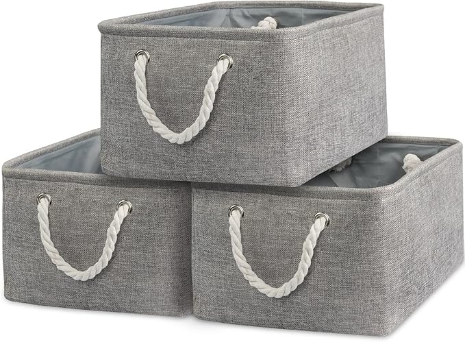 TcaFmac Storage Bins for Organization - Large 3 Pack Canvas Storage Basket for Shelves with Handles, Collapsible Baskets for Organizing for Closet Dog Laundry (Grey 16x12x8 inch)