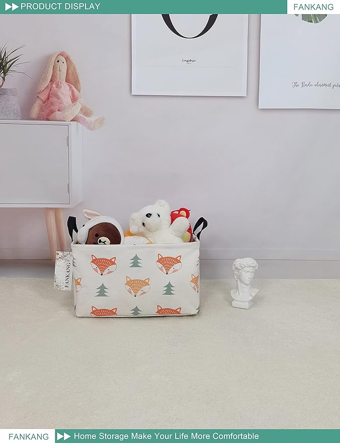FANKANG Storage Bins, Nursery Hamper Canvas Laundry Basket Foldable with Waterproof PE Coating Large Storage Baskets for Kids Boys and Girls, Office, Bedroom, Clothes,Toys(Rec-Fox )