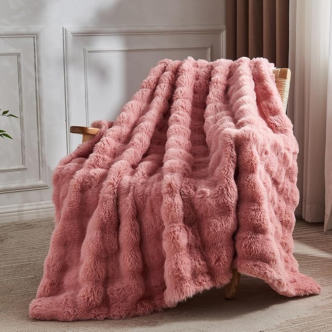 Lotus Karen Faux Fur Blanket - Old Pink Twin Size, Big Bubble Rabbit Fluff Blanket for Couch, 60x80 Inches
