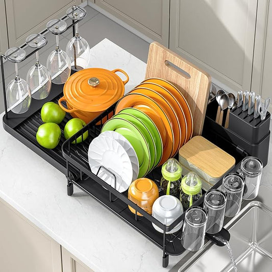 Dish Drying Rack for Kitchen Counter, Expandable Large Capacity Dish Rack with Drainboard, Wine Glasses Holder, Space Saving Organizer, Black