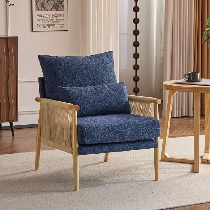 VINGLI Boho Braid Accent Armchair,Mid-Century Modern Chiar with Solid Wooden Armrest,Comfy Louge Cushion Chair with Waist Pillow for Bedroom,Living Room,Reading Room, Blue