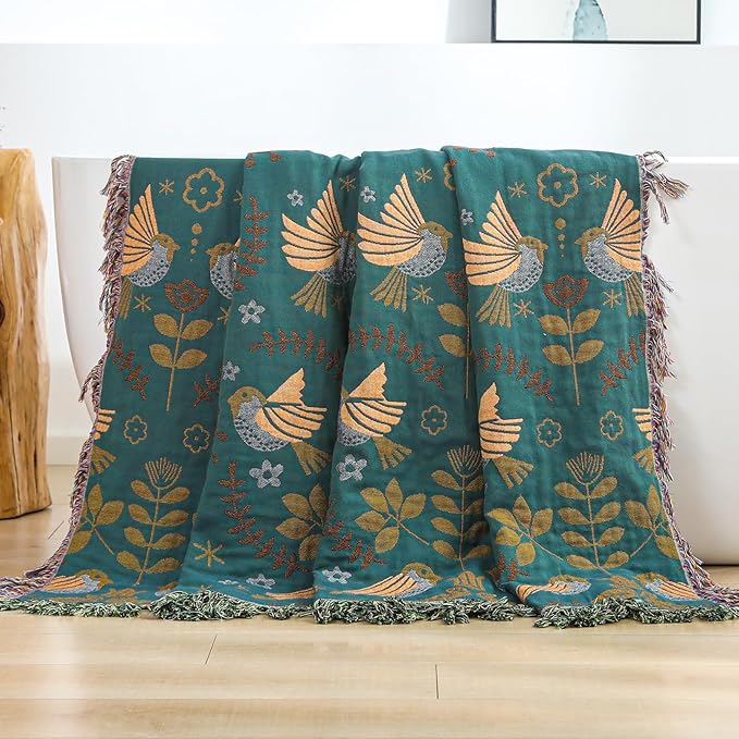 Boho Throw Blanket for Bed Couch 100% Cotton Woven Bed Throws for All Season Lightweight and Soft Cozy Farmhouse Reversible Muslin Decorative Blanket for Travel Picnic, Teal/Cream, 60''x80''