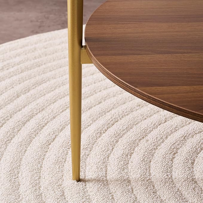 Round Coffee Table, Mid-Century Modern Design, D30“ x H17”, for Living Room, 2-Tier Structure, Clear Glass Top and Walnut MDF Shelf, Sleek Conical Metal Legs with Gold Finish
