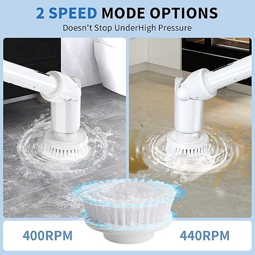 Electric Spin Scrubber - Cordless Cleaning Brush with Digital Display, 2 Speeds, 8 Brush Heads, IPX7 Waterproof, Adjustable Long Handle for Bathroom, Tub, Tile, Shower, and Car(Grey)