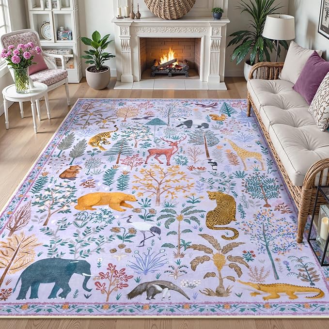 OJIA Animal Print Washable Rug 5x7 Area Rugs for Nursery, Soft Kids Bedroom Rug Ultra-Thin Non-Slip Modern Living Room Carpet, Stain Resistant Throw Carpet for Office Dining Room