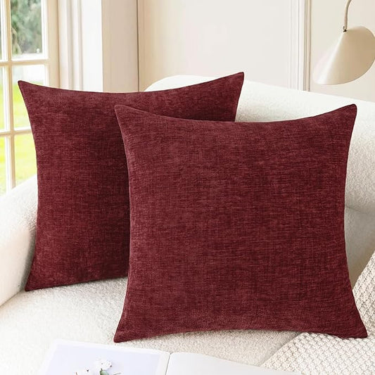 CaliTime Throw Pillow Covers Decorative 24 X 24 Inches Pack of 2 Cozy Chenille Cushion Cases for Couch Sofa Bed Living Room Home Burgundy