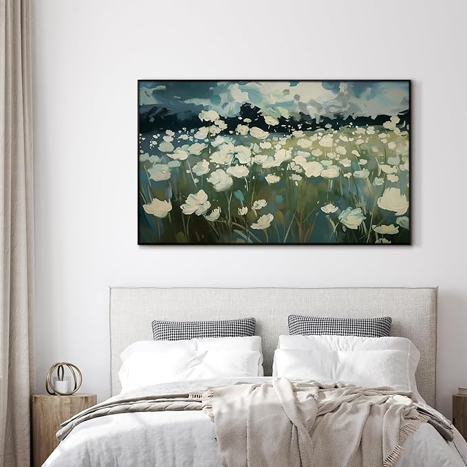 SIGNWIN 30"x60" Extra Large Framed Wall Art White Wildflower Field in Impressionist Style, Soft Floral Landscape for Home Living Room Bedroom Decor (Frame Assembly Required)