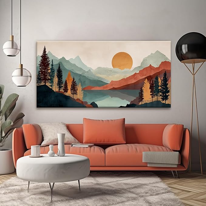 Tsomzxng Mountain Abstract Boho Wall Art For Living Room Modern Canvas Art Wall Decor Colorful Wall Art Bedroom Office Abstract Wall Decor Mountain Forest Landscapes Painting Wall Pictures 24×48 In