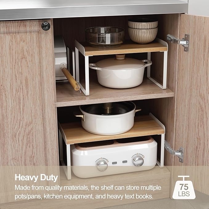 Mitus Shelf Organizer and Storage, Tiered Wood Cabinet Rack for The Kitchen Counter, Bathroom Counter, Pantry Cupboard, Office Desk Bookshelf, 12" Wide Natural and Black