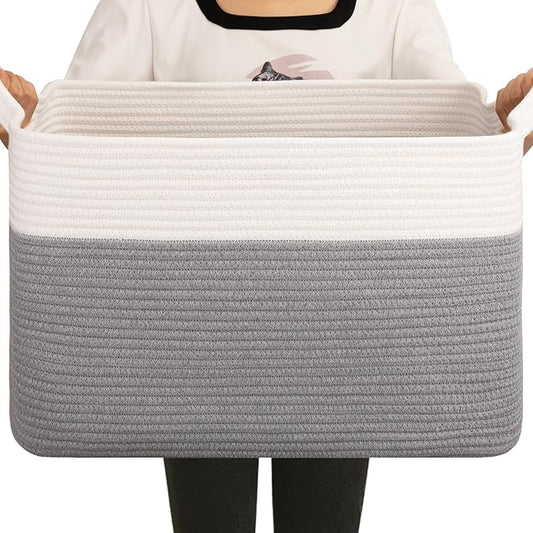 OIAHOMY 65L Blanket Basket, Cotton Rope Woven Blanket storage for Living Room, Rectangle Woven Baskets for Storage, 20''×16''×12'', Grey and White