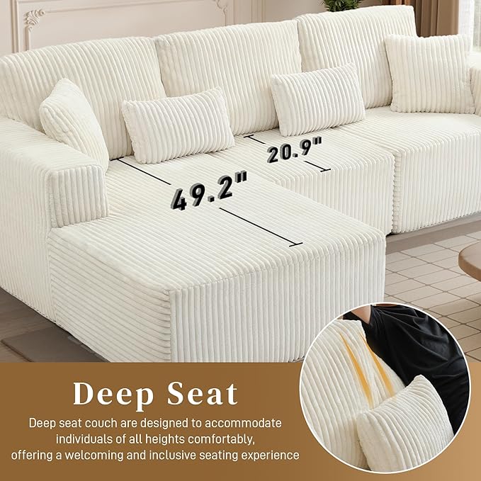 HYJT-H&K Modular Sectional Sofa Cloud Sectional Couch, 107" Comfy Fluffy L Shaped White Couches for Living Room, Deep Seat Memory Foam Plush Corduroy Boneless Couch Sectionals Left Facing Chaise Sofa