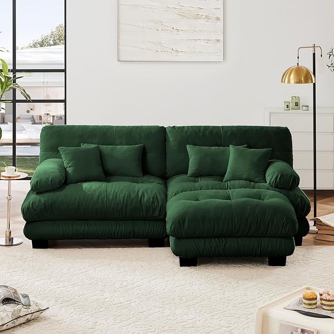 Modular Sectional Sofa, Comfy Cloud Couch Oversized Loveseat with Ottoman, Sectional Couches for Living Room, Modern Chenille L Shaped Couch, Sleeper Deep Seat Sofa with Throw Pillows, Green