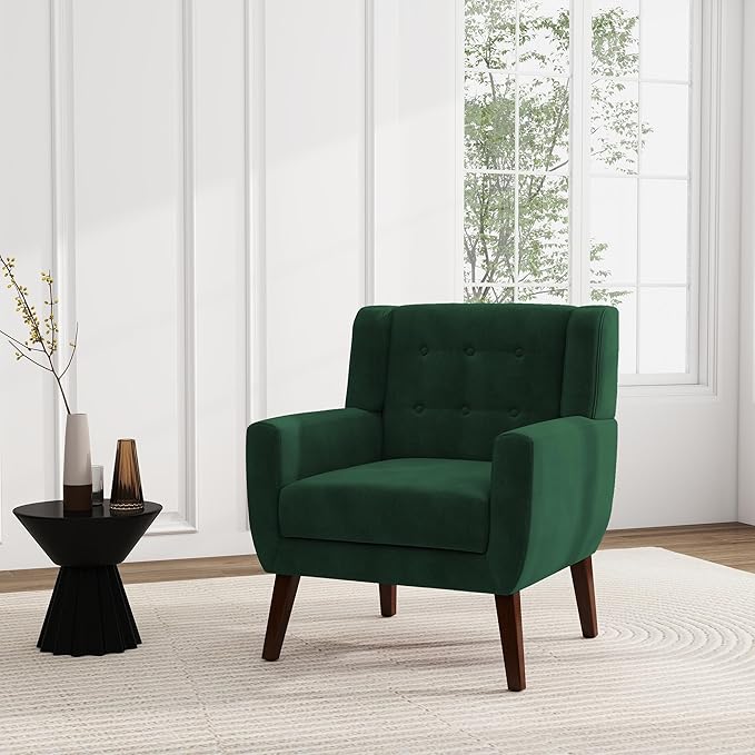UIXE Accent Chair, Velvet Upholstered Armchair for Living Room, Modern Club Arm Chairs Comfy Single Sofa Button Tufted Bedroom Reading Seat - Retro Green, Set of 4