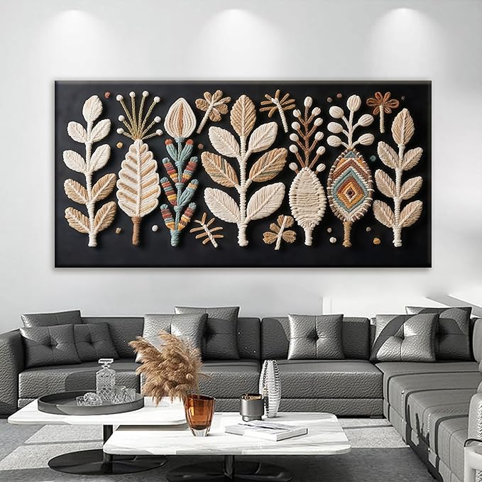 Tsomzxng Large Boho Black Wall Art For Living Room Chic Home Wall Art Modern Multicolor Leaves Feather Canvas Wall Art Decor Picture For Bedroom Apartment Kitchen Home Wall Decor 29" W X 58" L