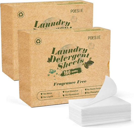 Poesie Laundry Detergent Sheets Fragrance Free 320 Sheets Liquid Free Travel Laundry Soap Non-Plastic Jug Camping Laundry Strips for Home & Outdoor