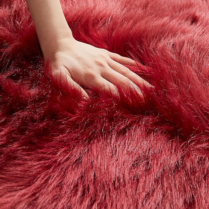 AMTOVO Faux Fur Sheepskin Rug for Living Room, 4 x 6 ft Burgundy Fluffy Area Rug for Bedroom, Playroom, Luxury Room Decor, Rectangle