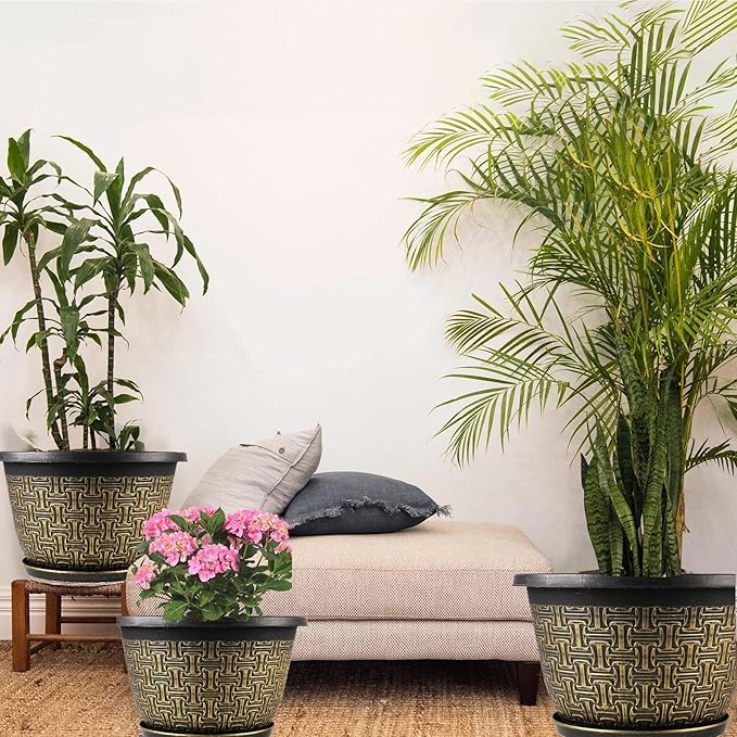 10 Inch Plant Pots, 4 Pack Flower Pots Outdoor with Drainage Holes & Trays, Retro Antique Imitation Decorative Garden Plastic Pots for Plants Indoor Sets for Houseplants