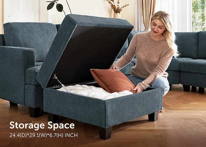 Nolany Sectional Sofa with Storage Ottoman, U Shape Sectional Couch with Chaise, Corduroy Modular Sectional Couches for Living Room, Blue