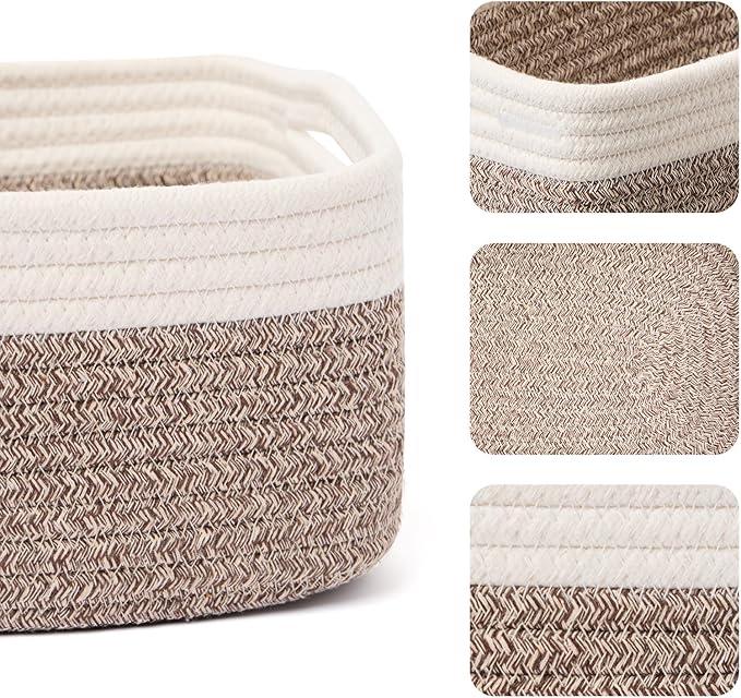 Small Storage Baskets for Organizing | Closet Organizer Bins | Shelf Toy Basket | Woven Rope Baskets | Cube Decorative Box | Shallow Basket | 13x8.5x5.1” | 3 Packs White Brown