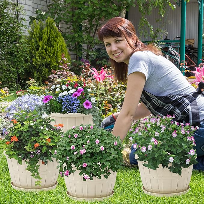 Quarut 10 inch Plastic Flower Pots for Indoor Plants,4 Pack Large Outdoor Planter Pot with Drainage Holes & Saucers,Imitation Wine Barrel Design,for Indoor Outdoor Garden Plants(White)