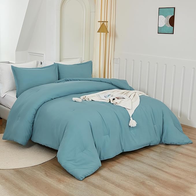Litanika Comforters Grayish Teal Oversized Queen Size, 3 Pieces Lightweight Solid Bedding Comforter Set, All Season Fluffy Bed Set (98x98In Comforter & 2 Pillowcases)