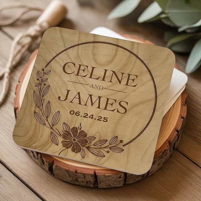 60 Pack Personalized Wedding Coasters, Custom Cardboard Coasters for Drinks with Photo Print and Text, Keepsake Wedding Favors and Gifts for Couples, 4x4 Square, Design 2