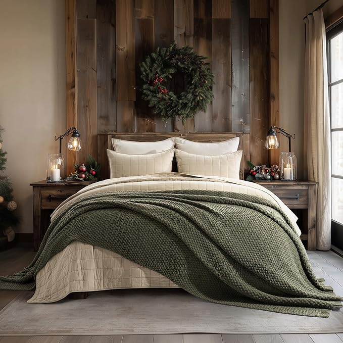 EVERGRACEHOME Chunky Chenille Knit Throw Blanket for Couch, Soft Luxurious Oversized Queen Moss Stitch Blanket for Bed, Large Cozy Farmhouse Knitted Throw for Sofa, Olive Green, 90" x 90"