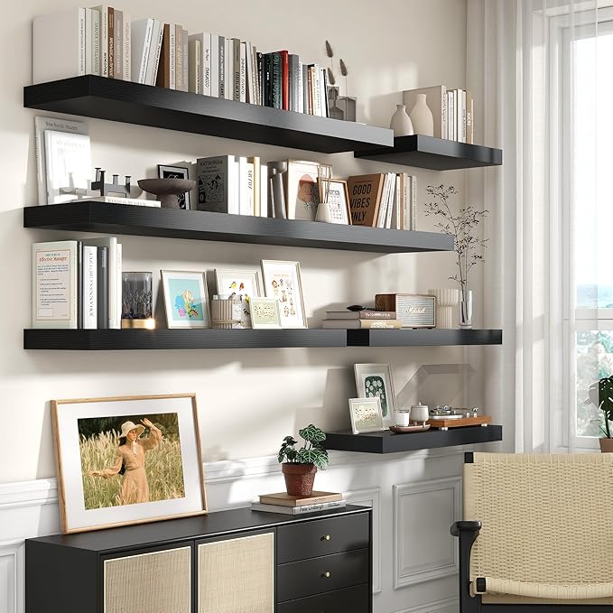 Deep Floating Shelves for Wall | 30W x 12D Black Floating Shelves Set of 2 | 12 Inch Deep Wall Shelves for Living Room Bathroom Laundry Room Bedroom Kitchen Home Office - Black